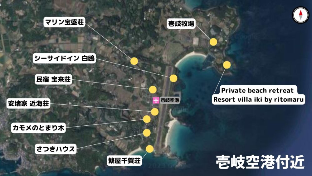 壱岐空港付近の宿泊施設をまとめたマップ