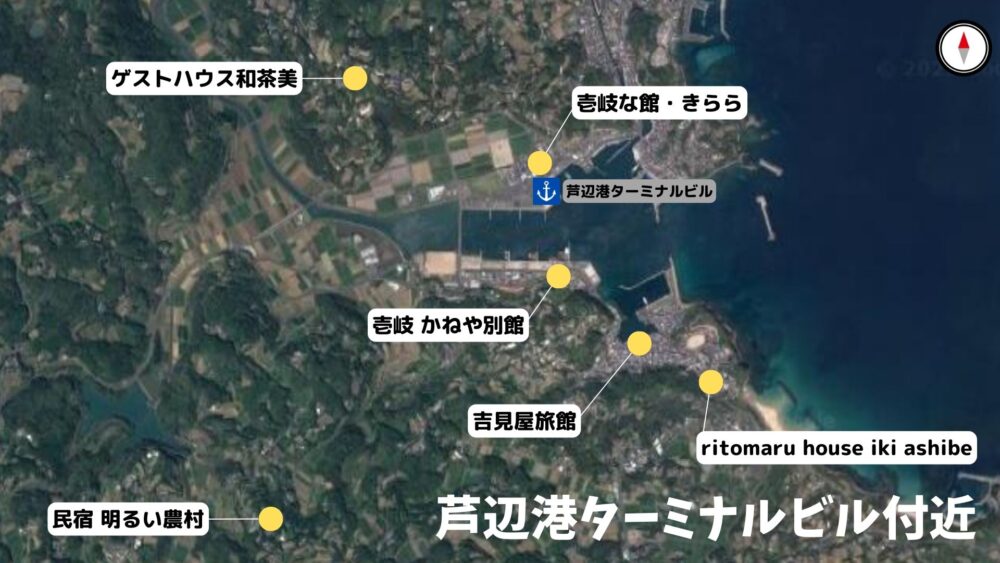 芦辺港ターミナルビル付近の宿泊施設をまとめたマップ