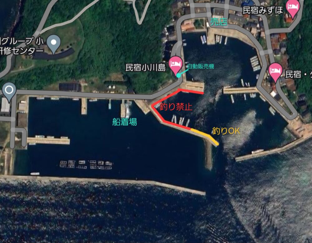 小川島で釣りが可能な場所を示したマップ